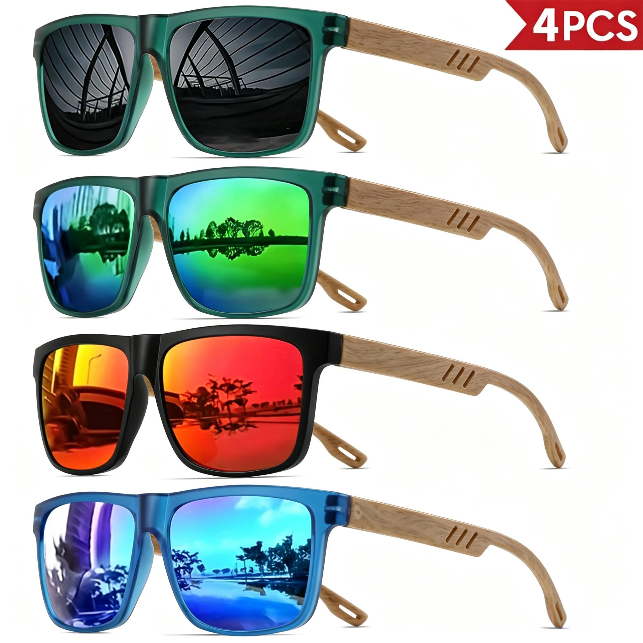 Ensemble de 4 lunettes de soleil style grain de bois – Montures carrées classiques rétro, design confortable unisexe, adaptées à la vie quotidienne et aux activités, style décontracté, lunettes décoratives ordinaires