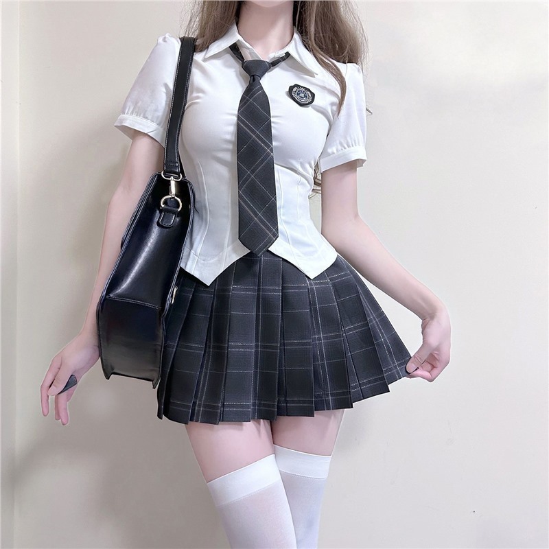 Uniforme de Style américain à manches courtes pour femmes, ensemble d'uniforme scolaire, tenue Jk couchée à la taille, Mini jupe, manches de princesse douces et fraîches