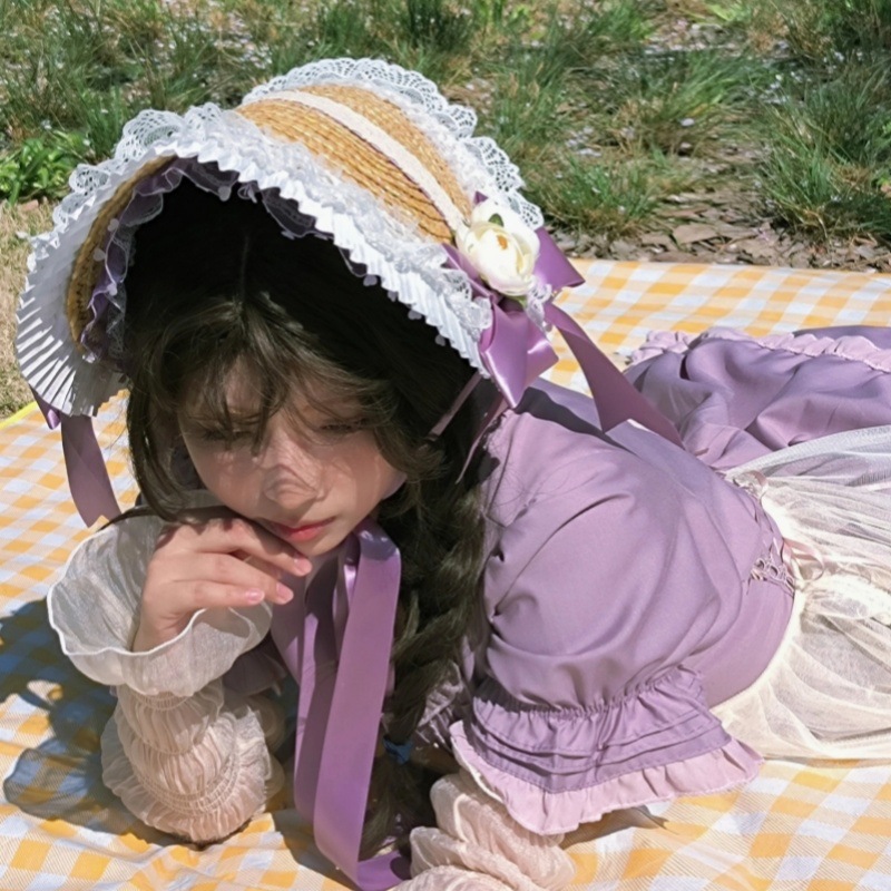 Chapeau plat Lolita en paille tressée élégante avec nœud floral, style pastoral, pour mariage, thé, fête, avec dentelle, style français éclatant, bonnet d'été, Gorra