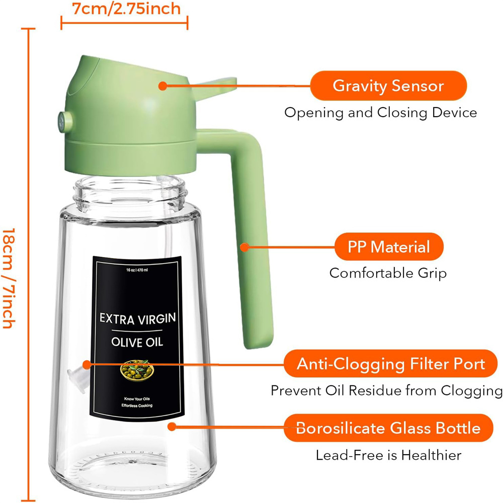 Pulvérisateur d'huile pour la cuisson, bouteille distributrice d'huile d'olive 2 en 1 pour la cuisine avec autocollants, verre Premium 16oz/470ml, brumisateur d'huile de qualité alimentaire