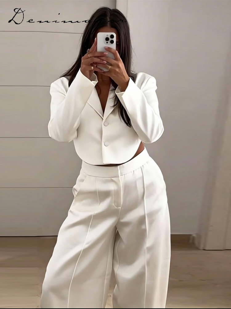 Ensemble pantalon et blazer en satin uni pour femme, veste courte à revers et dos nu, pantalon large taille mi-haute coupe ballon, nouvelle collection 2026, tenue décontractée pour femme
