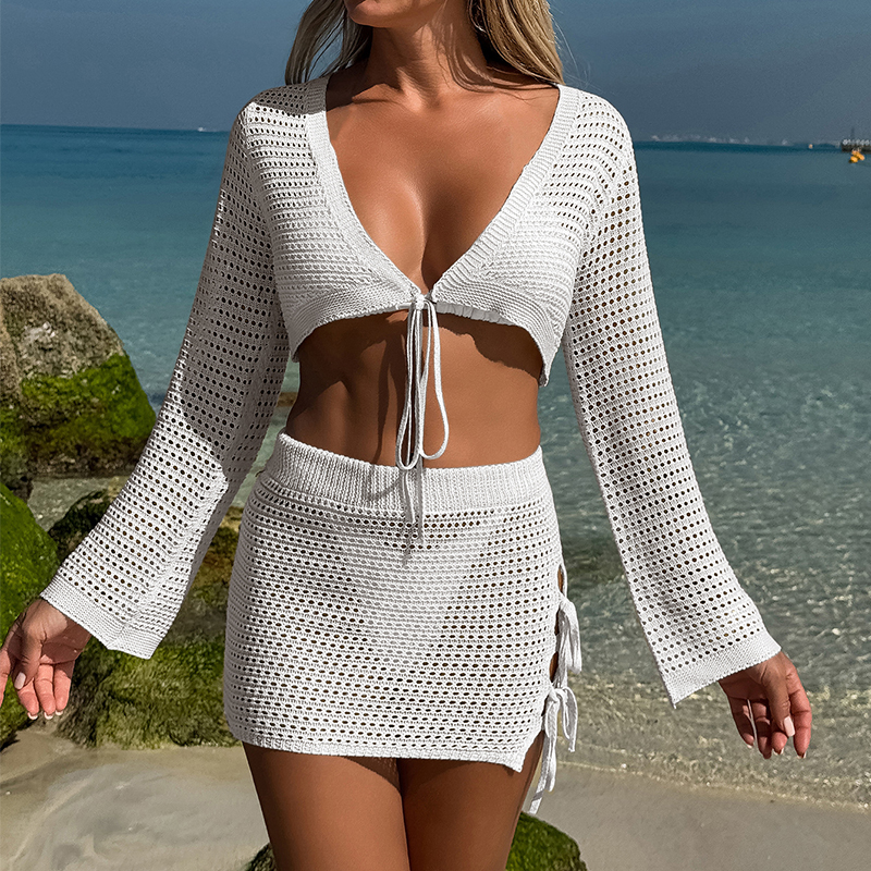 Nouveau Style à manches longues cravate haut jupe mince ensemble tricot évider vêtements de plage couvertures vacances d'été plage crème solaire Smock