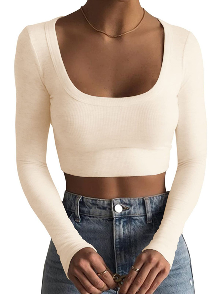 Chemise courte à manches longues pour femmes, col rond profond, tricot de documents solide, chemise courte décontractée, rue de la fête, été, Y-Y2K