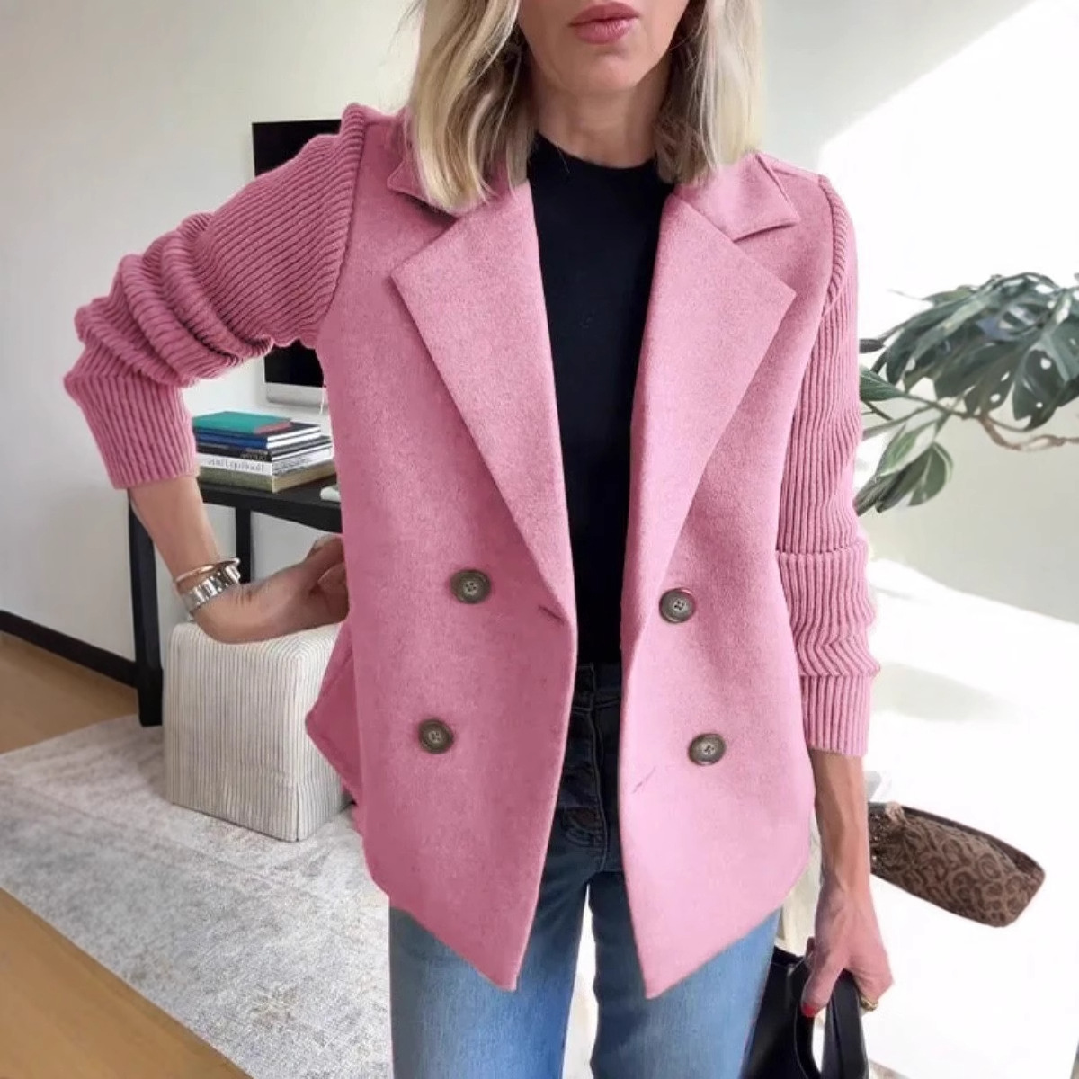 Manteau pour femme à manches tricotées, patchwork, double boutonnage, col rabattu, coupe ample, style veste de costume, style professionnel formel, manteau pull