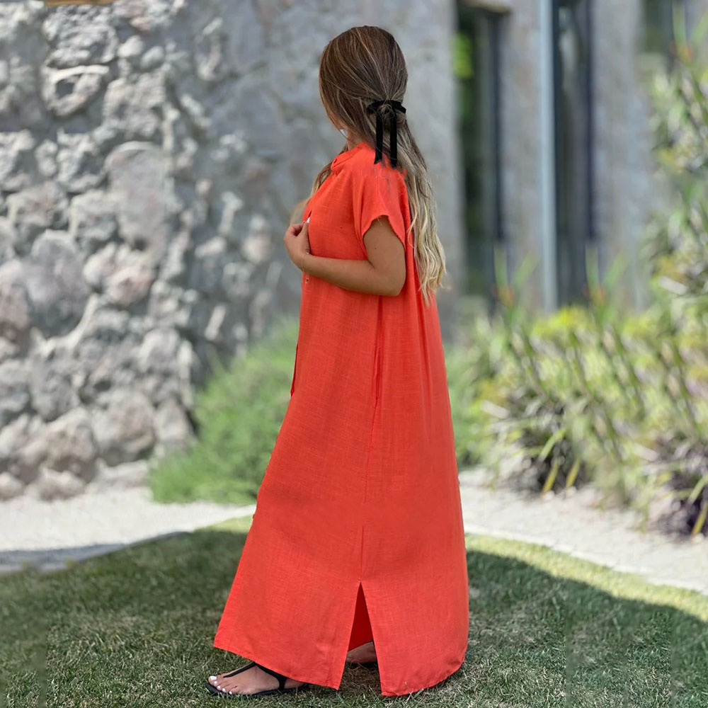 Robe chemise maxi décontractée pour femmes, mode été 2025, manches courtes, ample, couleur unie, col montant, longue robe de plage élégante