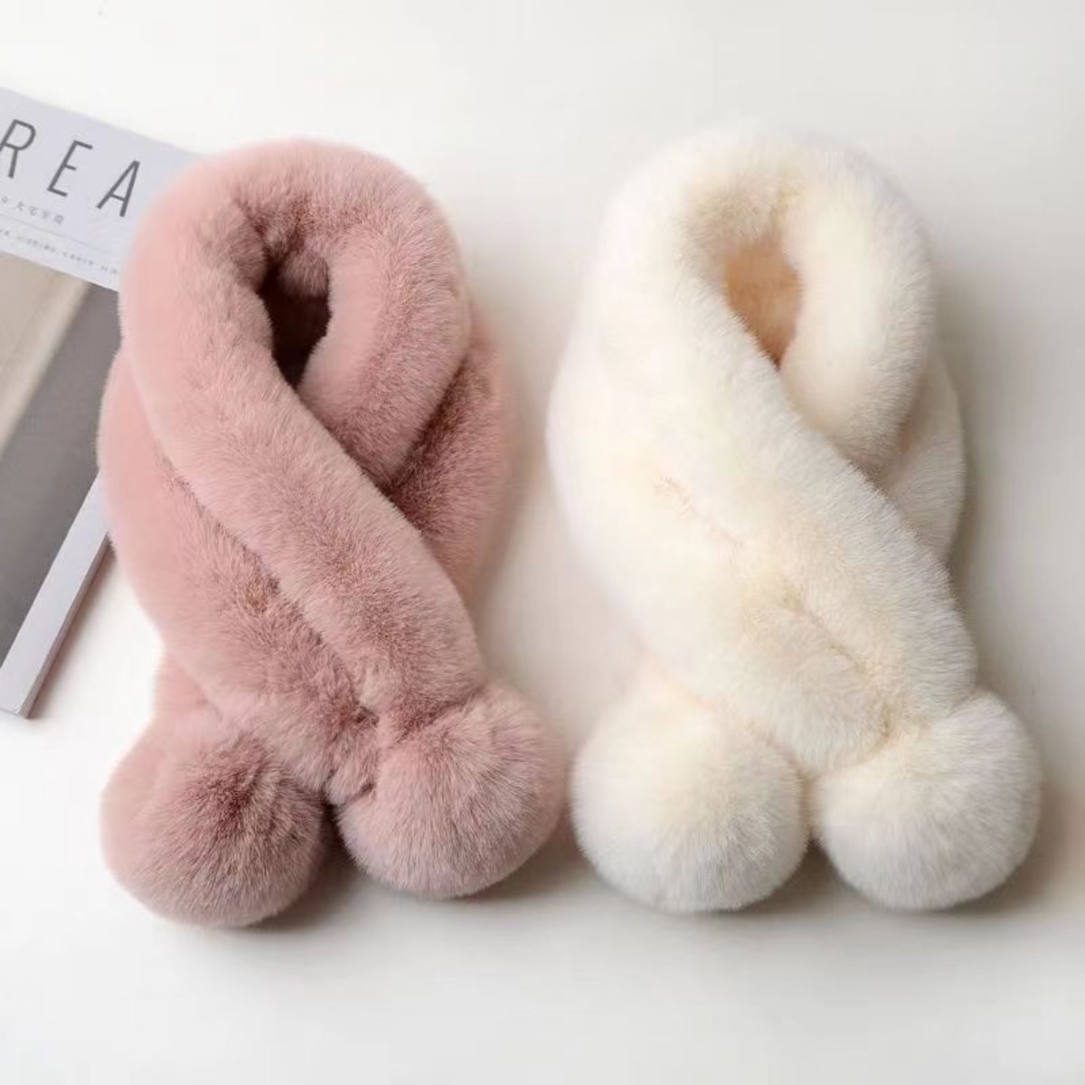 1pc peluche croix écharpe fausse fourrure de lapin épaissi en peluche boule thermique écharpe épaisse hiver femmes cou plus chaud col foulard