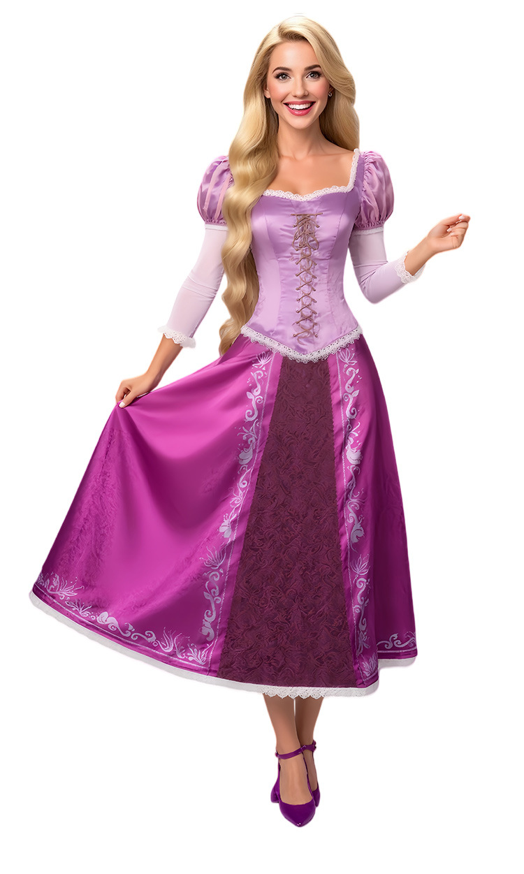 Costume de cosplay pour couple Tangled, robe longue Raiponce, tenue de prince Flynn Rider, ensemble complet pour Halloween et spectacles sur scène