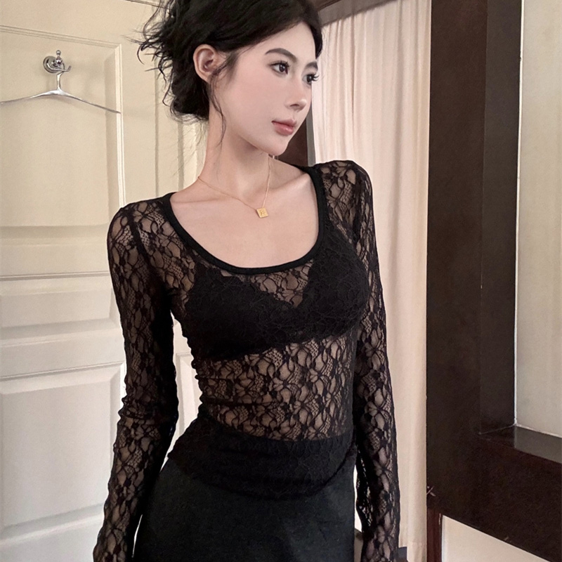 T-shirt court en résille à manches longues pour femmes, corset en dentelle polyvalent, vêtements de créateurs sexy, voir à travers la mode, t-shirts pour femmes, 2024