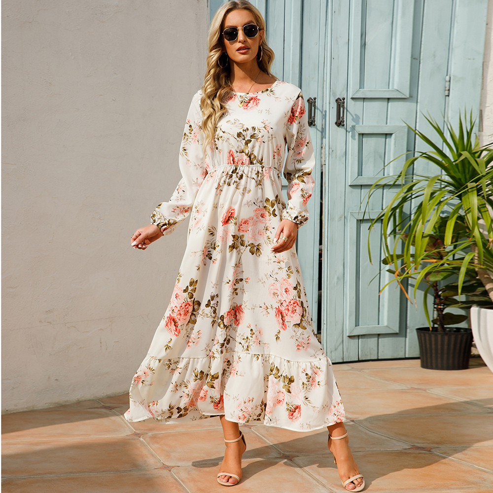 Robe longue en mousseline de soie pour femmes, style bohème décontracté, manches longues, taille haute, pour la plage, motif floral, automne