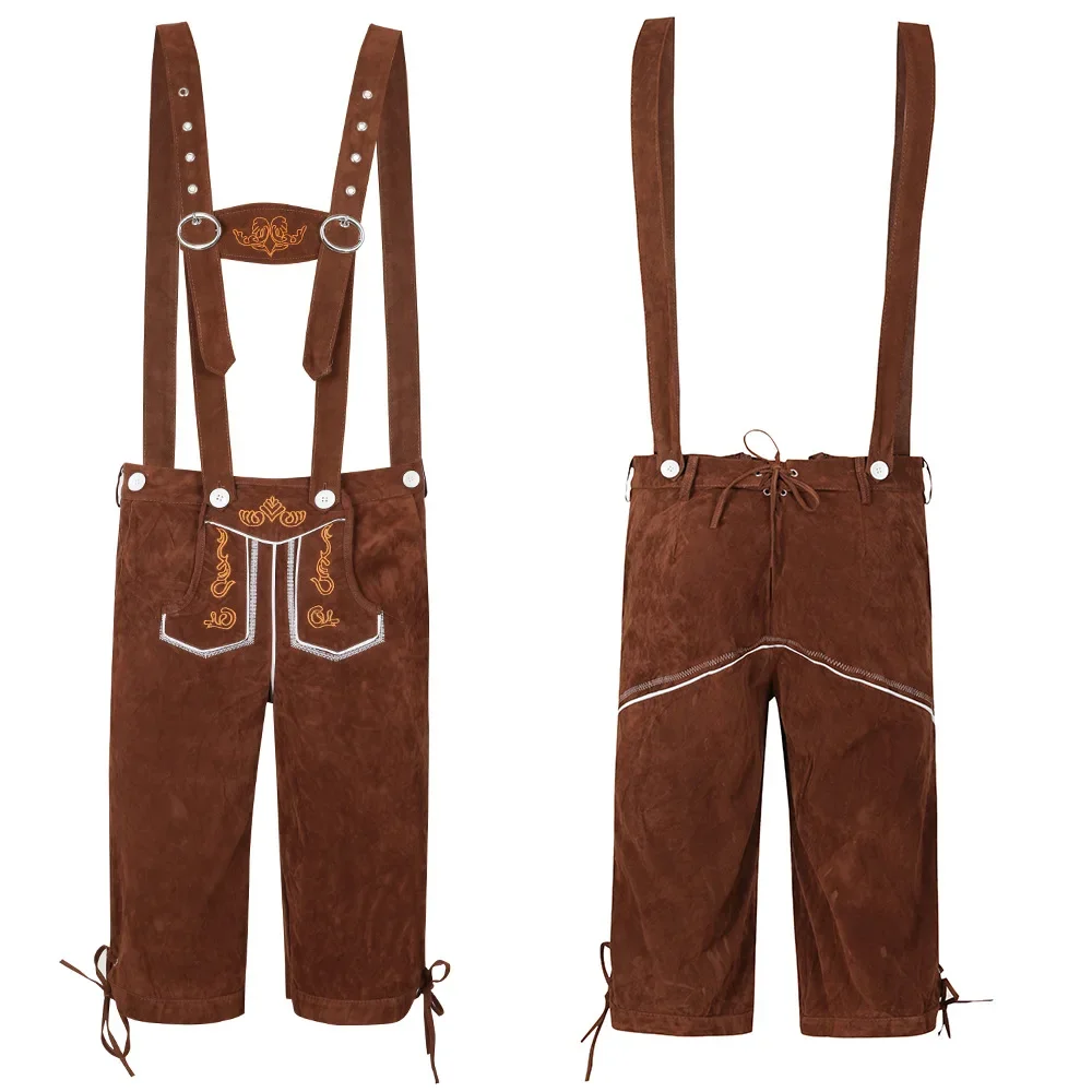 Costume allemand Oktoberfest Lederhosen pour hommes et femmes, tenue de Festival de la bière bavaroise, pantalon à bretelles marron et noir, Cosplay Halloween