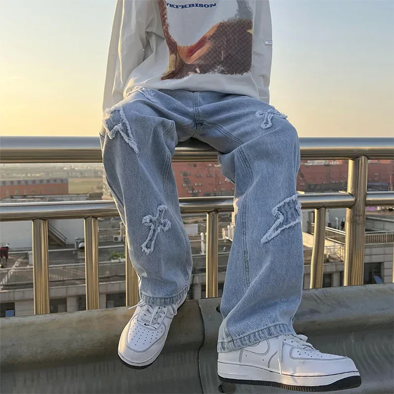 Jean en Denim à jambes droites pour hommes, nouvelle mode décontractée, ample, pantalon Y2k, jambes larges, Hip Hop, noir, bleu