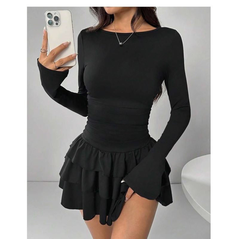 Robes de tempérament 2025 femme Mini robes Style Simple élégant français moulante mince plissé mode à manches longues déplacements Sexy