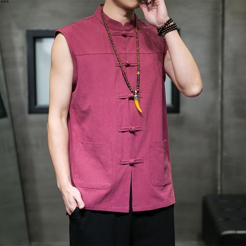 Gilet traditionnel chinois pour homme, chemise sans manches ample à boutons grenouille, col mandarin, devant ouvert, grande taille, haut Hanfu ancien