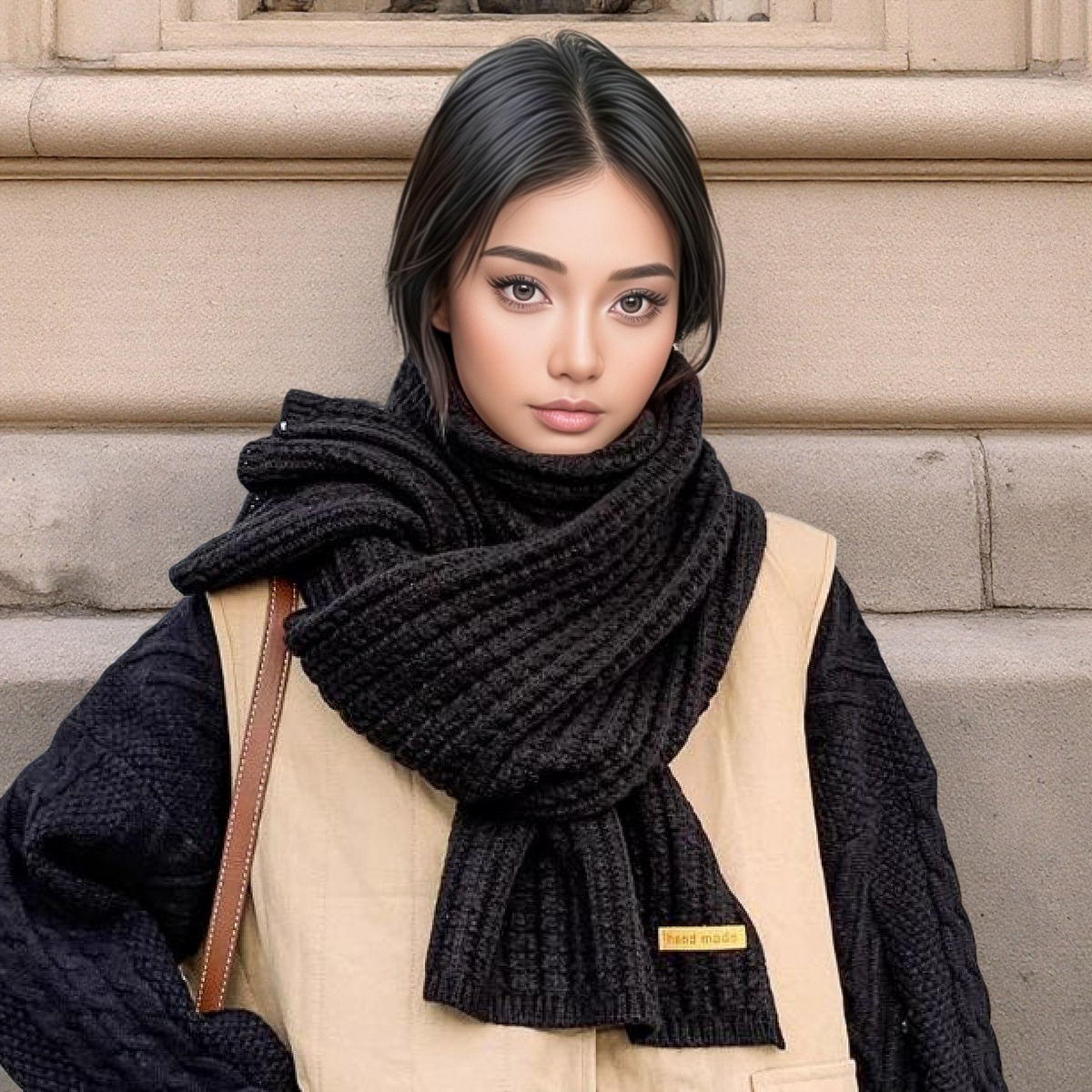 Écharpe en tricot épaisse et chaude pour hommes et femmes, en laine douce et cachemire uni, pour l'hiver et l'automne, simple et élégante, noire, pour étudiants.