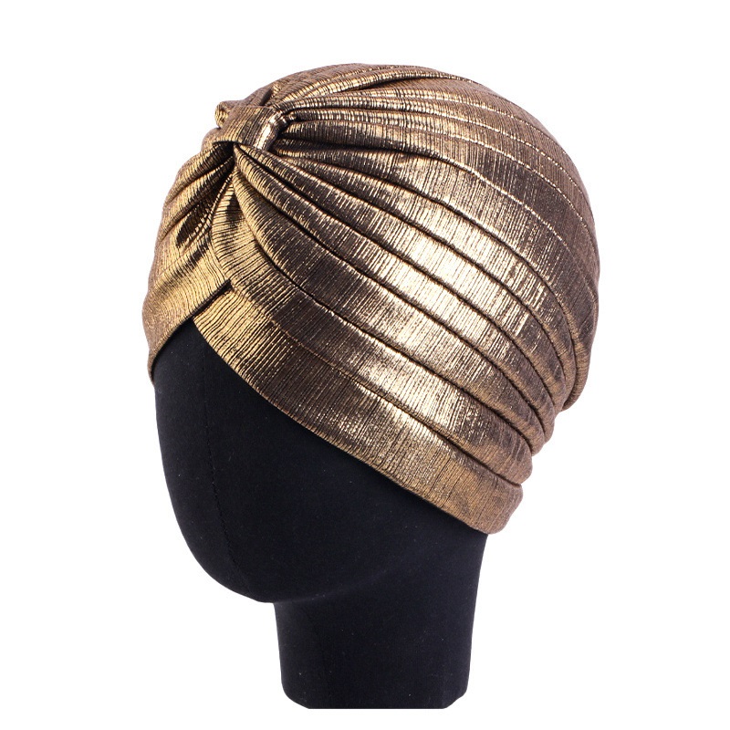 Turban à nœud métallique plissé pour femme, chapeau ethnique rétro, bonnets élastiques ronds et brillants, écharpe de tête, bonnet, bonnet chimio, nouveau
