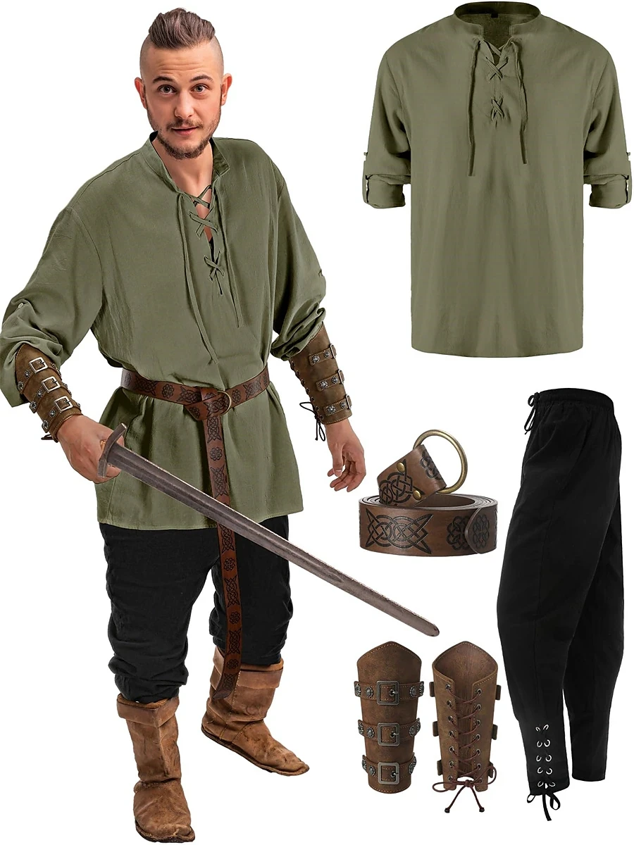 Pantalon rétro Vintage médiéval Renaissance, tenues, ceinture de taille, chemise, protège-bras, Costume de Cosplay Pirate pour hommes, Halloween