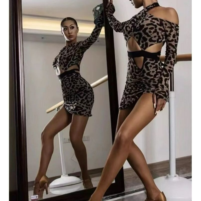 Femmes robe de danse latine Sexy à manches longues imprimé léopard haut dos nu femme Dancewear Cha Cha Rumba salle de bal compétition moulante