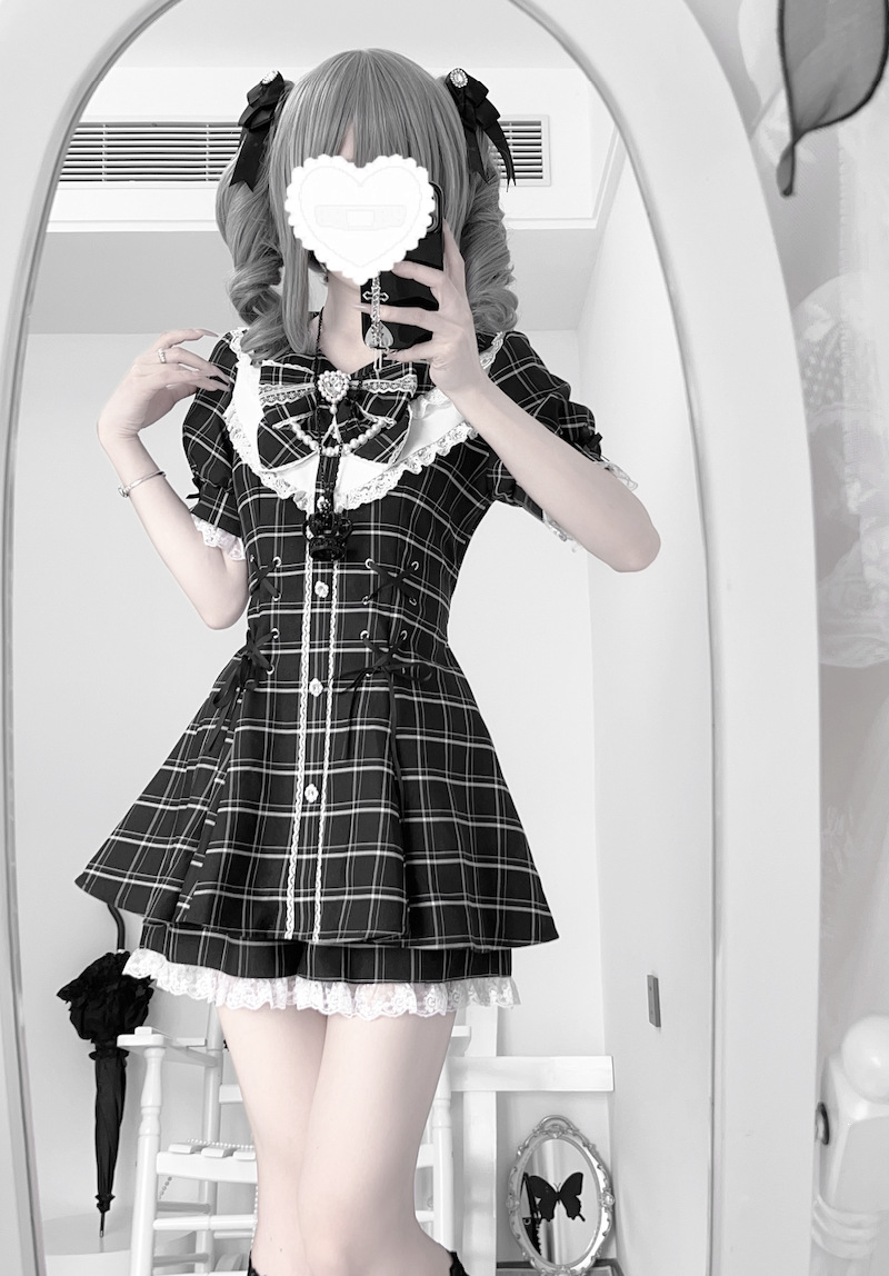 Robe Lolita style Jirai Kei Kawaii avec nœud pour femme, jupe Y2K noire et rose, tenue à manches courtes en dentelle, uniforme scolaire japonais
