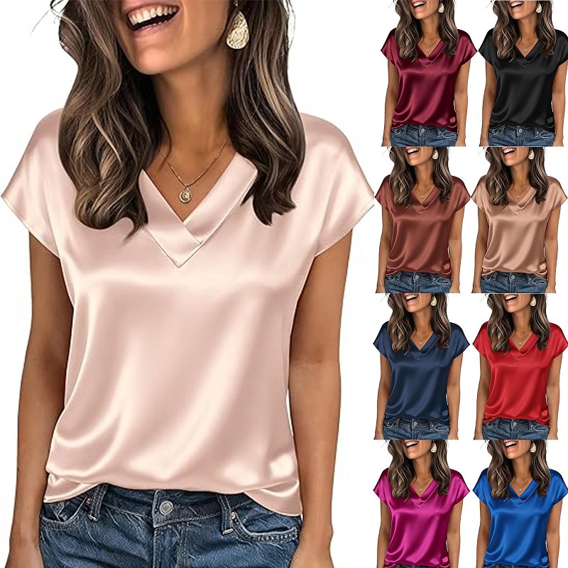 Nouvelle chemise en satin d'été 2026 pour femme, à manches courtes et col en V, chemisier ample et soyeux pour le bureau, Blusas De Mujer