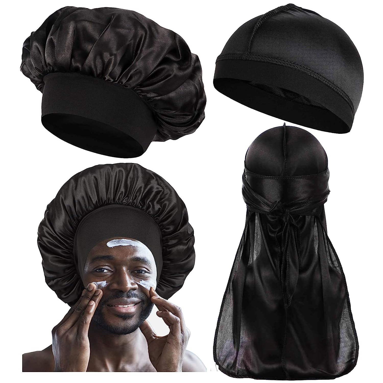 Bonnet en Satin soyeux de haute qualité, 3 pièces, unisexe, bandeau élastique, Bandanas Durags, longue queue, Bonnet de douche pour sommeil, Turban
