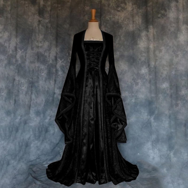 Robe médiévale pour femmes, robe longue à manches trompette, costume de cosplay, robe de sorcière, princesse, tenue d'Halloween