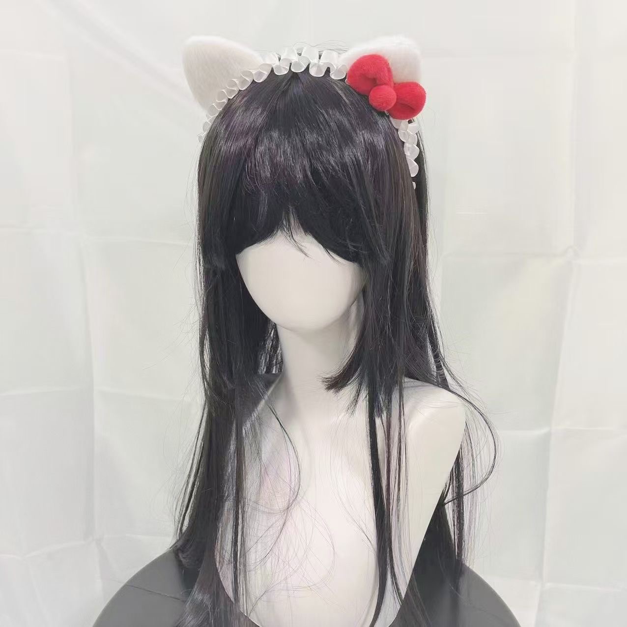 Cerceau de cheveux blanc fait à la main avec oreilles de chat, avec nœud papillon rouge, accessoires pour cheveux Lolita faits à la main, coiffure pour femmes