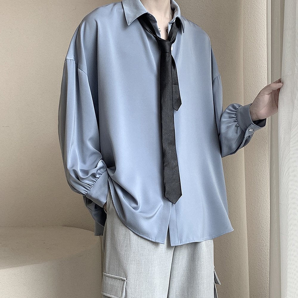 Chemises à manches longues avec cravate noire gratuite pour hommes, chemisiers coréens confortables, décontractés, amples, simple boutonnage, t-shirt Harajuku