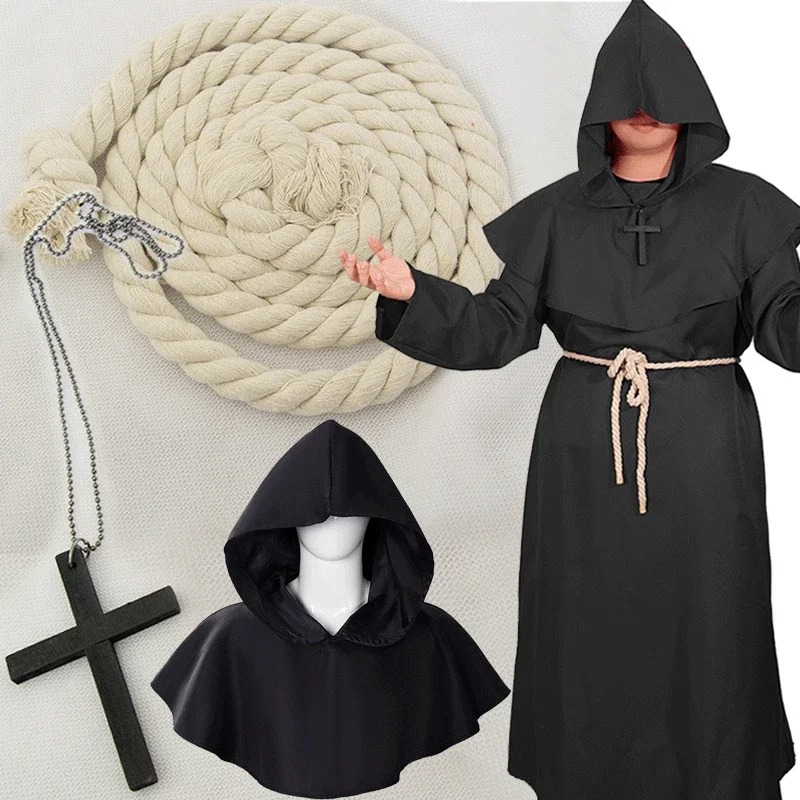 Robe de Prêtre Rétro, Costume de Cosplay d'Halloween, Cape de Sorcier Fantaisie Punk, Masque, Robe de Moine Médiévale, Capuche de Moine