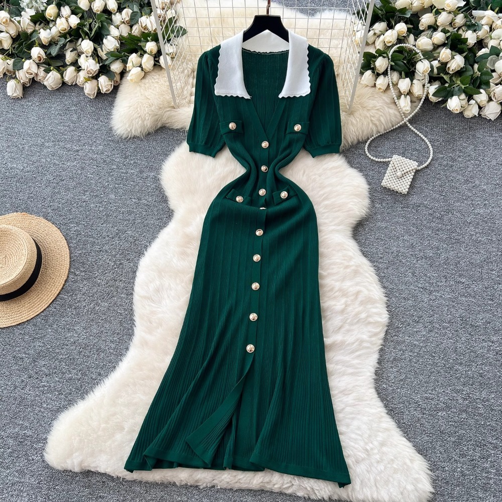 Neploe Style français Vintage lambrissé Moda Robe col rabattu manches bouffantes mince robes élégant Vent tricot luxe Femme Robe
