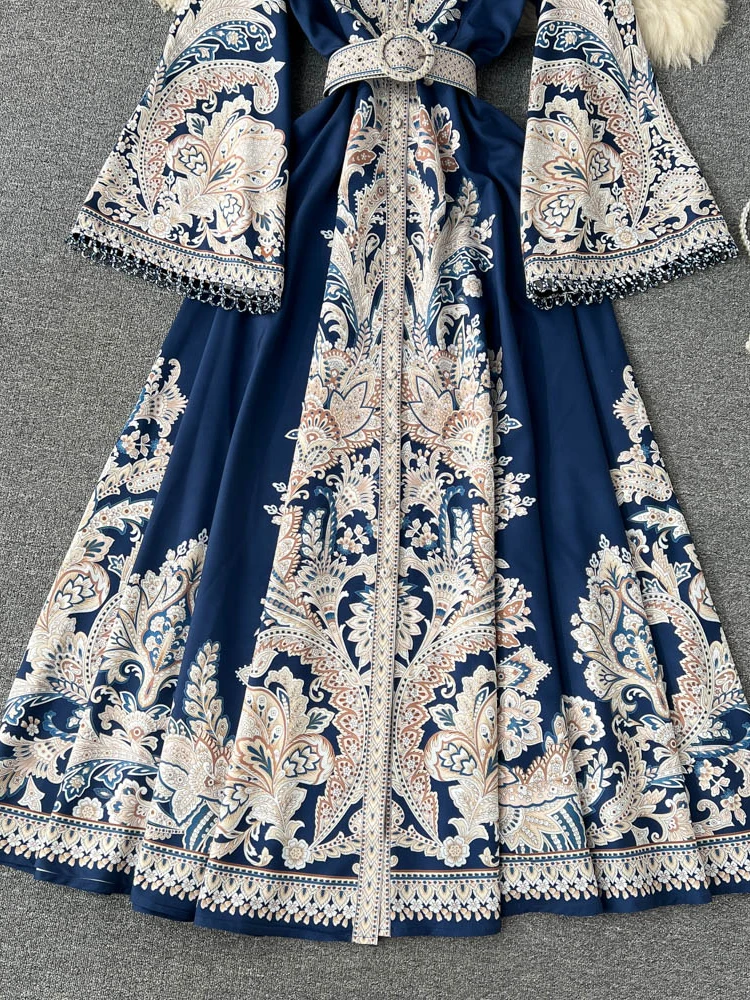 Robe longue imprimée Vintage pour femmes, col rond, manches évasées, robes élégantes, simple boutonnage, plissée irrégulière, Maxi, printemps automne