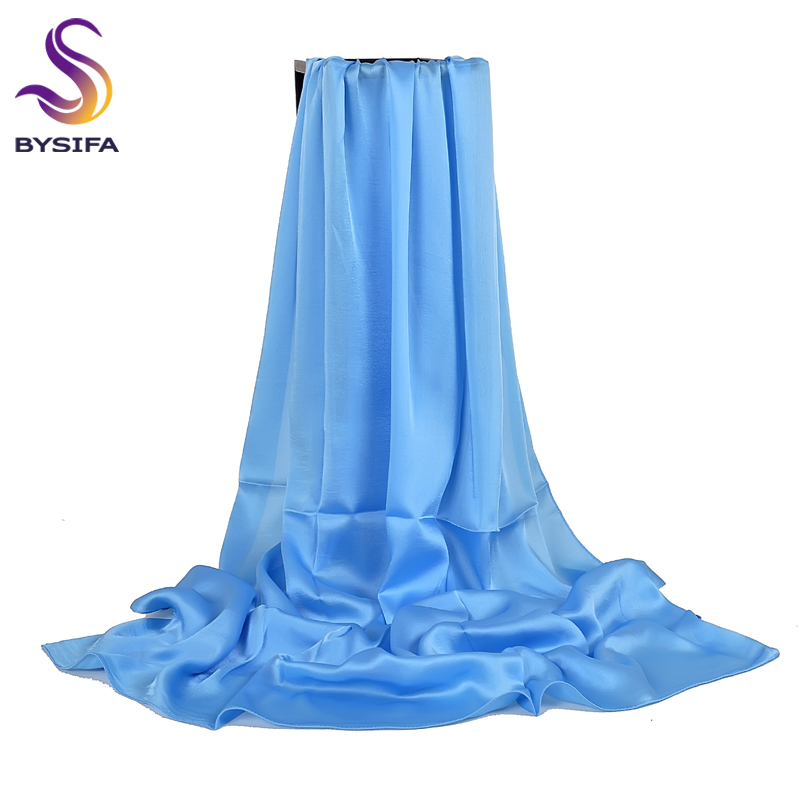 BYSIFA – foulard en soie bleu clair pour femmes, Long châle de luxe, Simple, uni, Cape, 180x90cm, printemps-automne