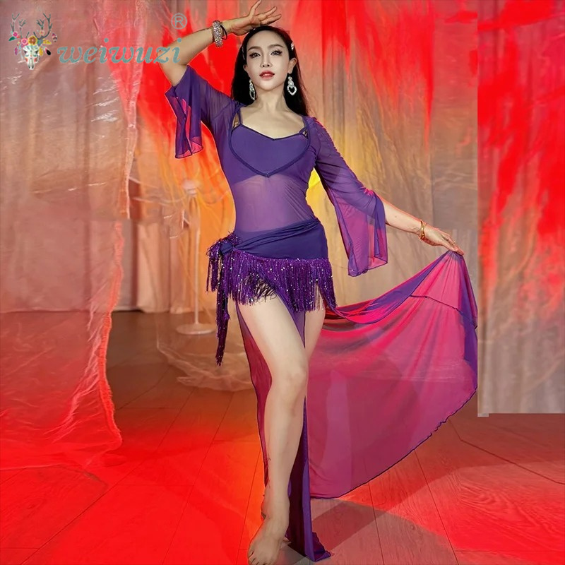 Costume de danse orientale pour femmes, robe sexy à sequins et franges, serviette de hanche, 4 pièces, tenue de performance pour danse orientale