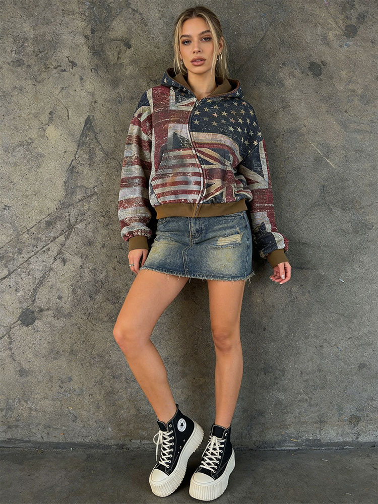 2026 Nouveau Femmes Zipper À Capuche Rétro Drapeau Imprimé À Capuche Sportswear Casual Street Wear Y2K À Manches Longues Top