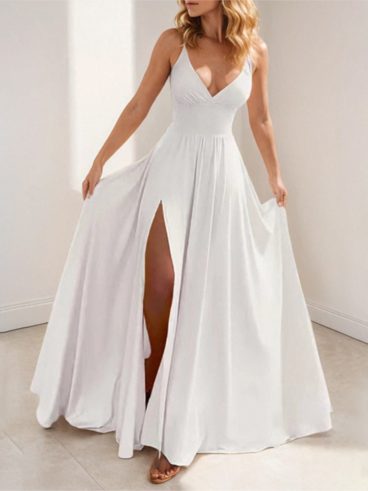 Robe longue tendance pour femme, col en V, dos nu, sans manches, à fines bretelles, taille haute, style débardeur, pour fêtes, rendez-vous et shopping