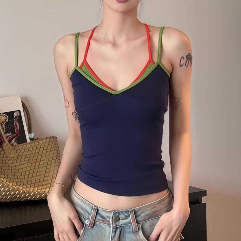 Camisole Halter sans manches style streetwear, coupe ajustée, effet deux pièces, patchwork, pour la plage