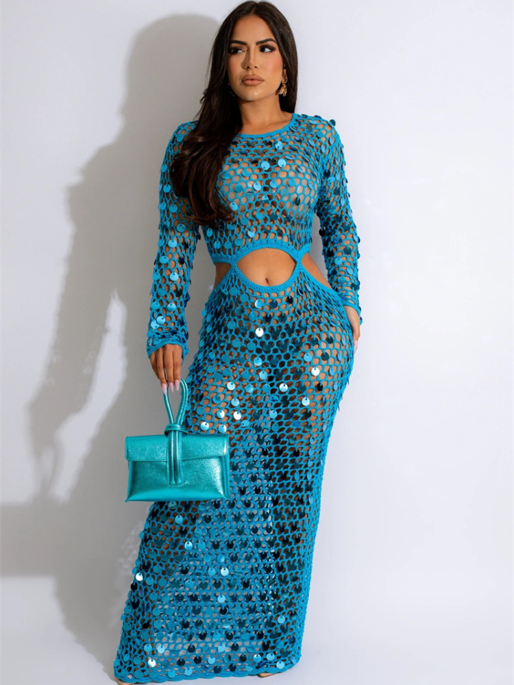 Robe de plage tricotée au Crochet à paillettes pour femmes, Sexy, transparente, Cover-Up, moulante, Maxi, robes de soirée, Club de vacances, été