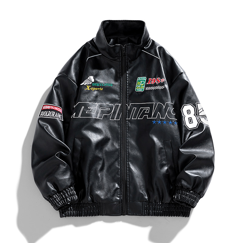 Veste de moto en cuir PU pour homme, manteau de motard rétro, coupe-vent hip hop, broderie de lettres, mode de rue, noir, blanc, vert