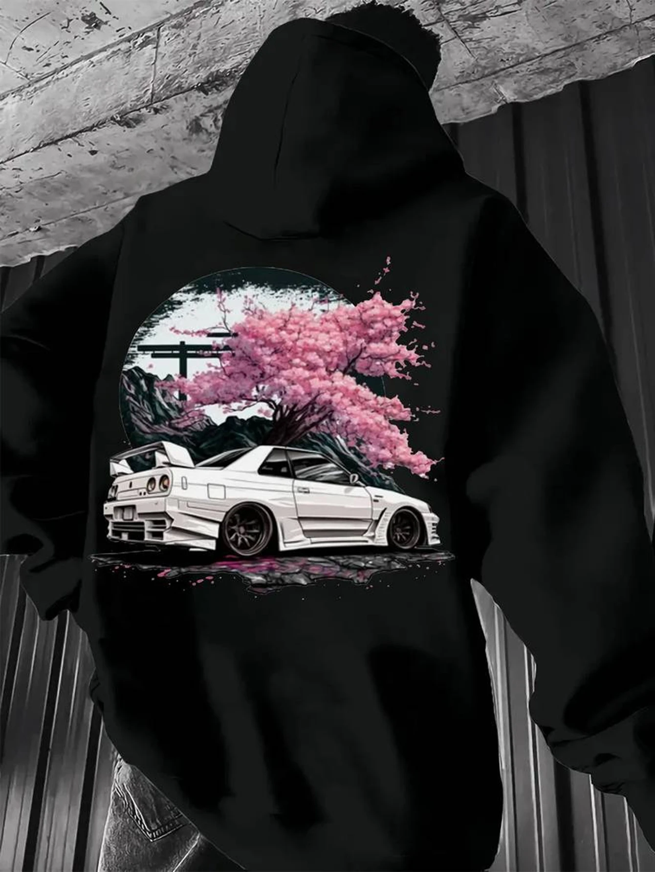 Sweat à capuche pour homme pour l'automne/hiver, style streetwear minimaliste avec graphiques vintage de voiture de sport JDM blanche et de fleurs de cerisier