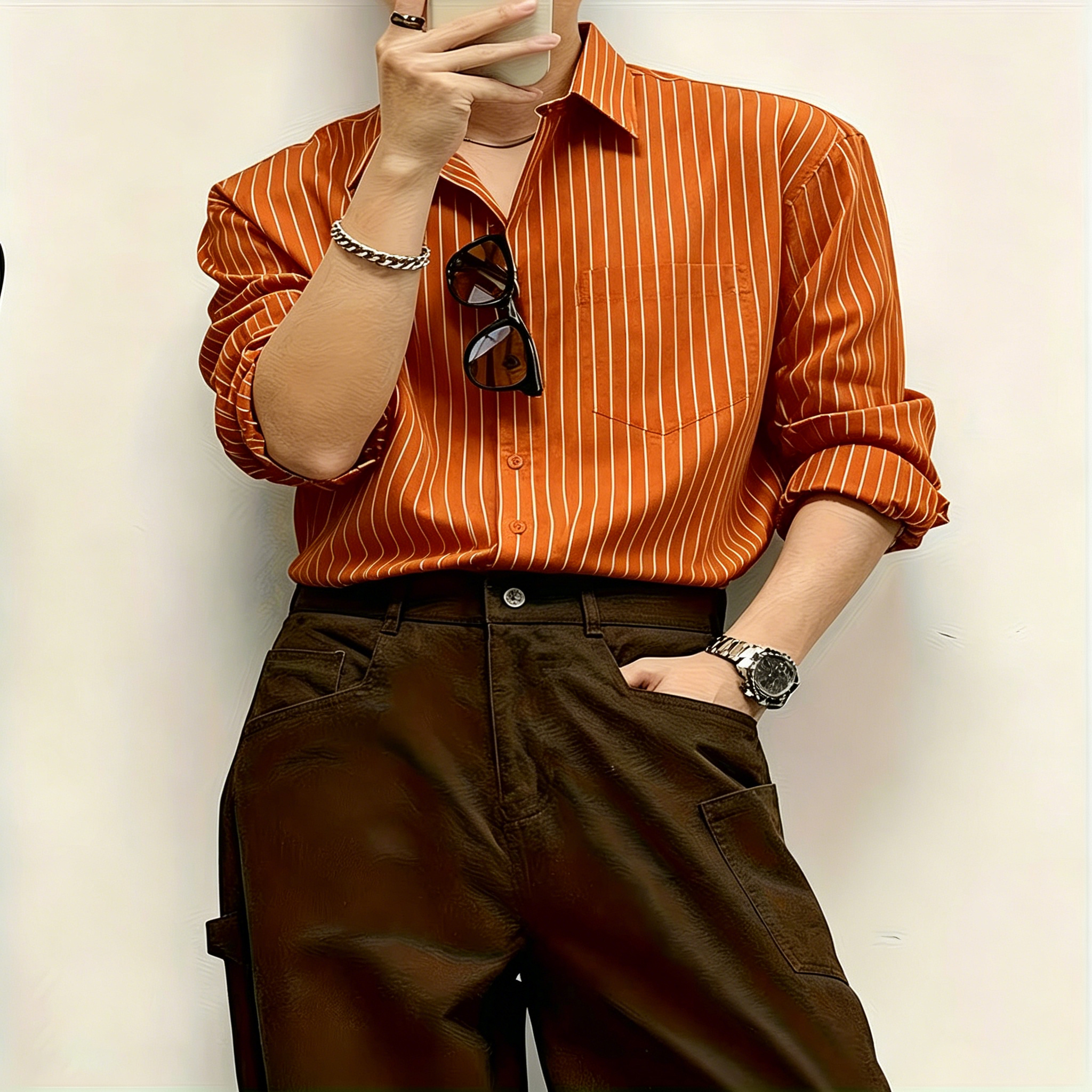 Chemise à manches longues pour homme, base noire à fines rayures, coupe ample, design amincissant, poche unique, col à revers, haut décontracté.