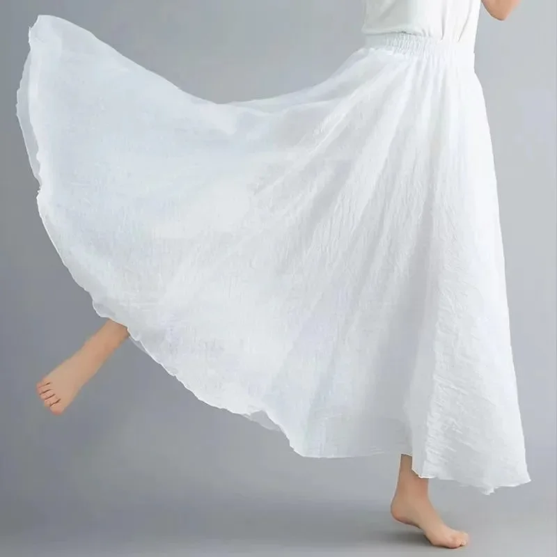 Boho Beach Jupe Femme - Lin Coton Mélange Taille Élastique Longue Plissée Maxi, Vintage Été Jupe Décontractée Faldas Saia