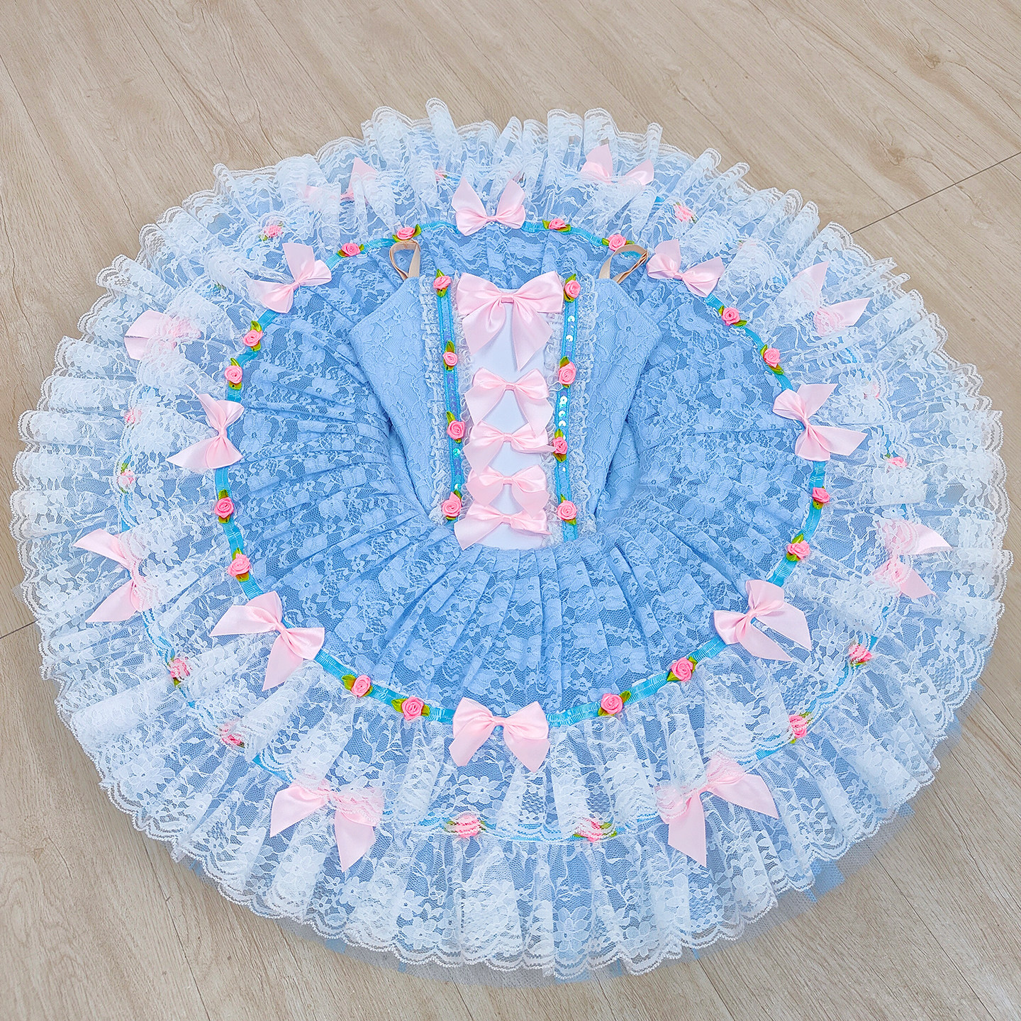 Robe de tutu de ballet à manches longues en dentelle bleue pour filles, costume de ballerine rose à nœud floral pour enfants, robe de scène pour spectacle ou fête