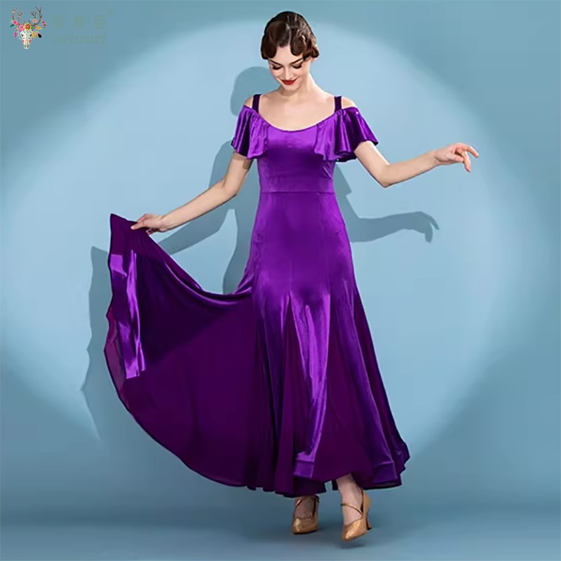 Robes de danse moderne pour femmes, robe élégante en velours violet haut de gamme, robe à grande jupe, vêtements de danse de salon pour la valse