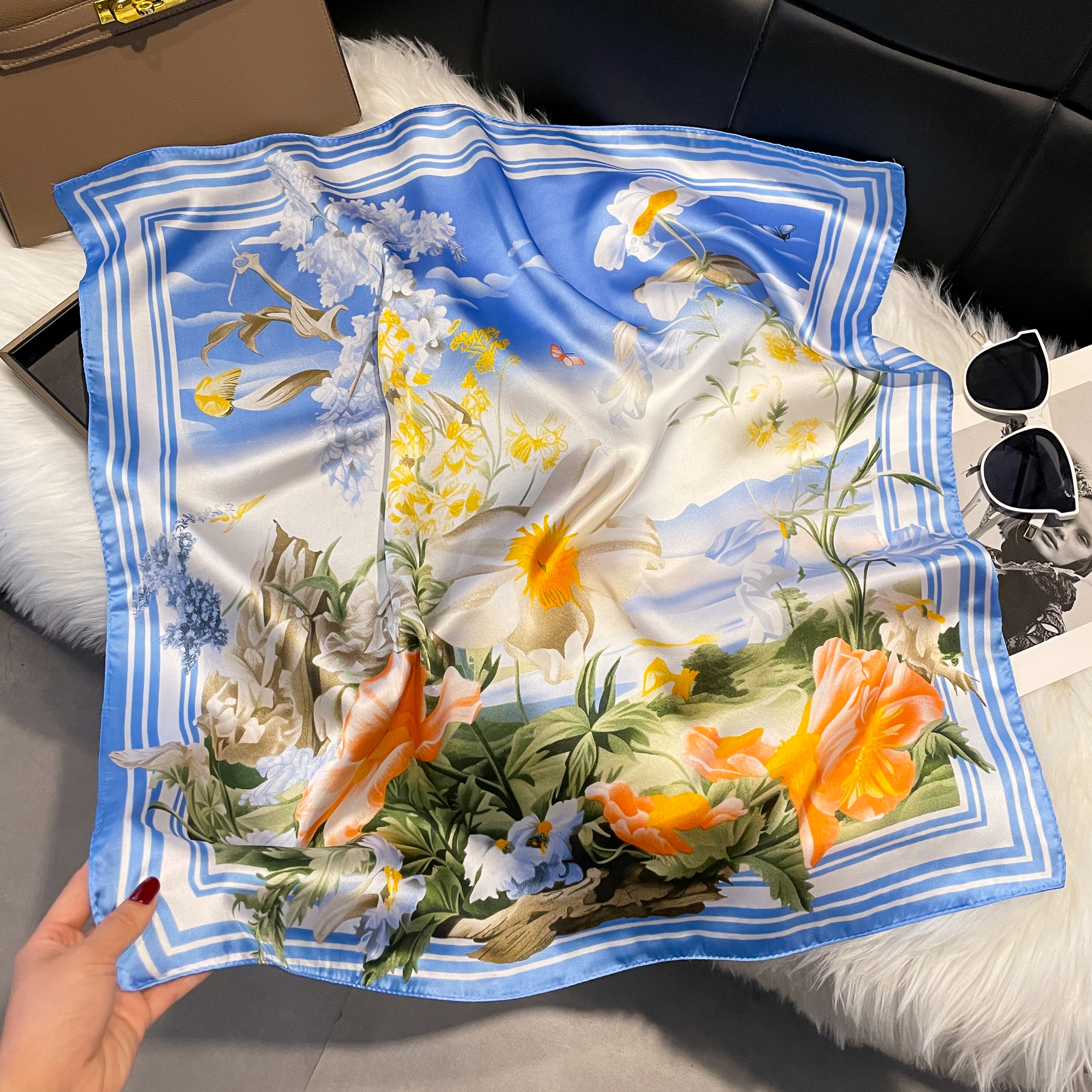 Foulard Carré en Satin pour Femme, Châle Rond Hijab, Bandeau de Cheveux, Poignet, Sauna de Luxe, 70x70cm, Nouvelle Collection