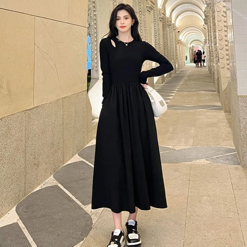 Fanan 2024 nouvelle robe trapèze à manches longues col rond mode Streetwear robes dame Style coréen évider robes longues noires femmes