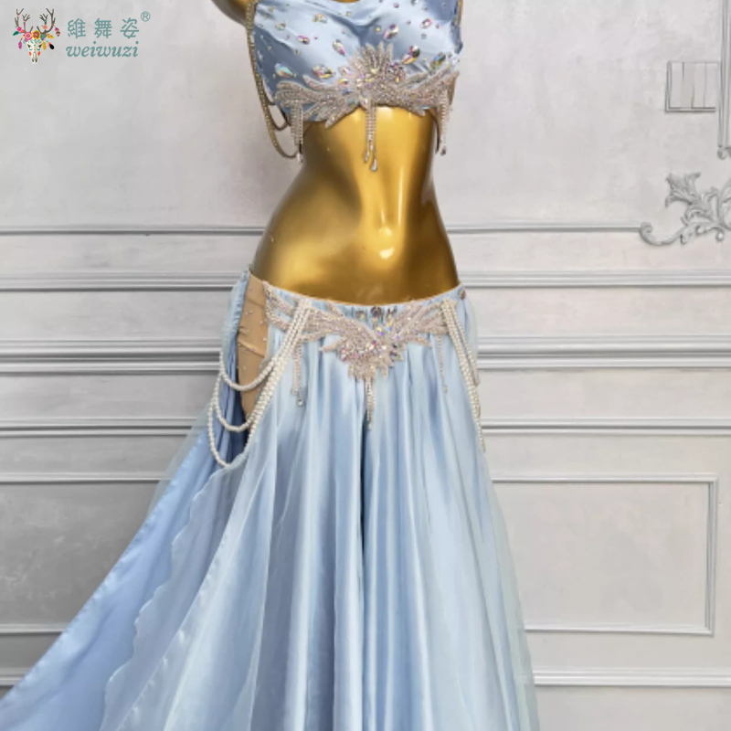 Ensemble de costumes de danse du ventre, personnalisation de luxe, soutien-gorge en diamant + jupe longue fendue Sexy, vêtements de Performance professionnelle orientale, 2 pièces