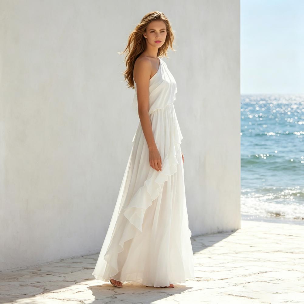 Robe Confortable en Mousseline de Soie à Volants Superposés pour Femme, Robe d'Été Asymétrique à Une Épaule, Robe de Plage Fluide, Tenue de Soirée Formelle ou de Bal