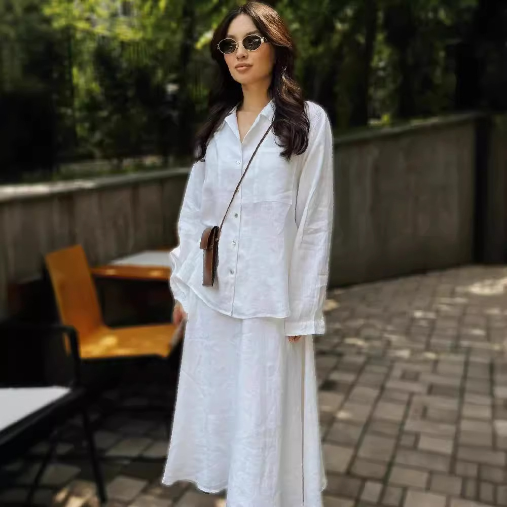 Ensemble 2 pièces pour femmes, chemisier, jupe longue, poches, haut à simple boutonnage, jupes arabes musulmanes, tenues maroces, dubaï, Ensemble décontracté