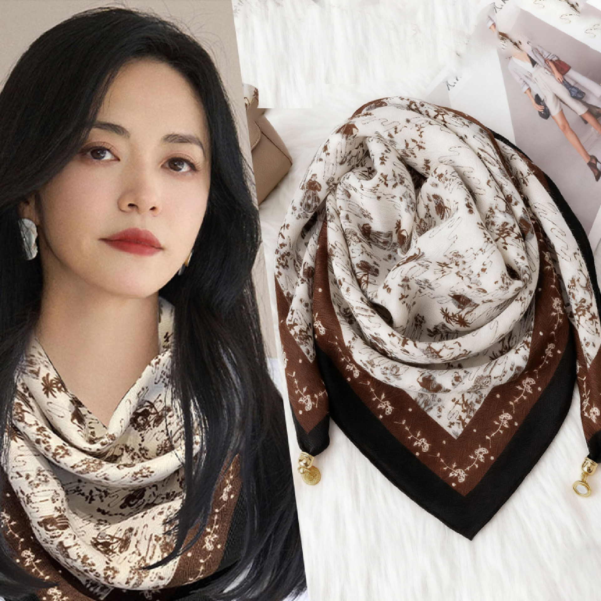 Écharpe en coton et lin avec boucle magnétique pour femmes, élégante, polyvalente, protection du cou, foulard triangulaire, accessoires, foulards carrés