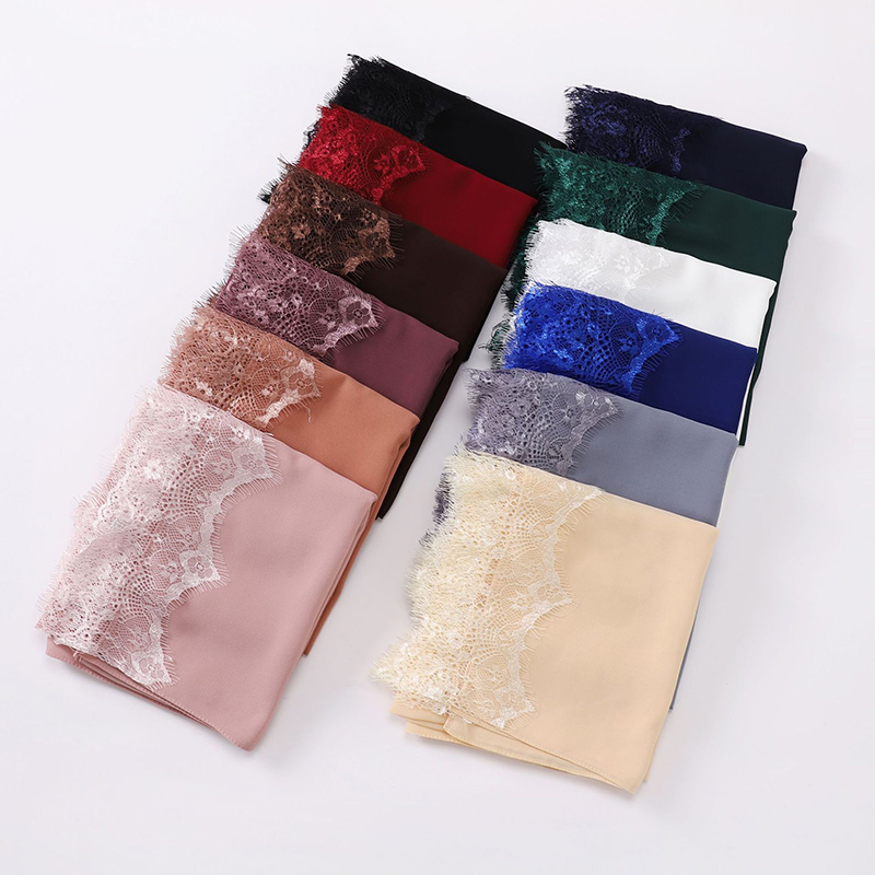 Mode musulmane Modal mousseline de soie Jersey Hijab pour les femmes plaine doux écharpe châles grande dentelle garniture foulard islamique Turban bandeau