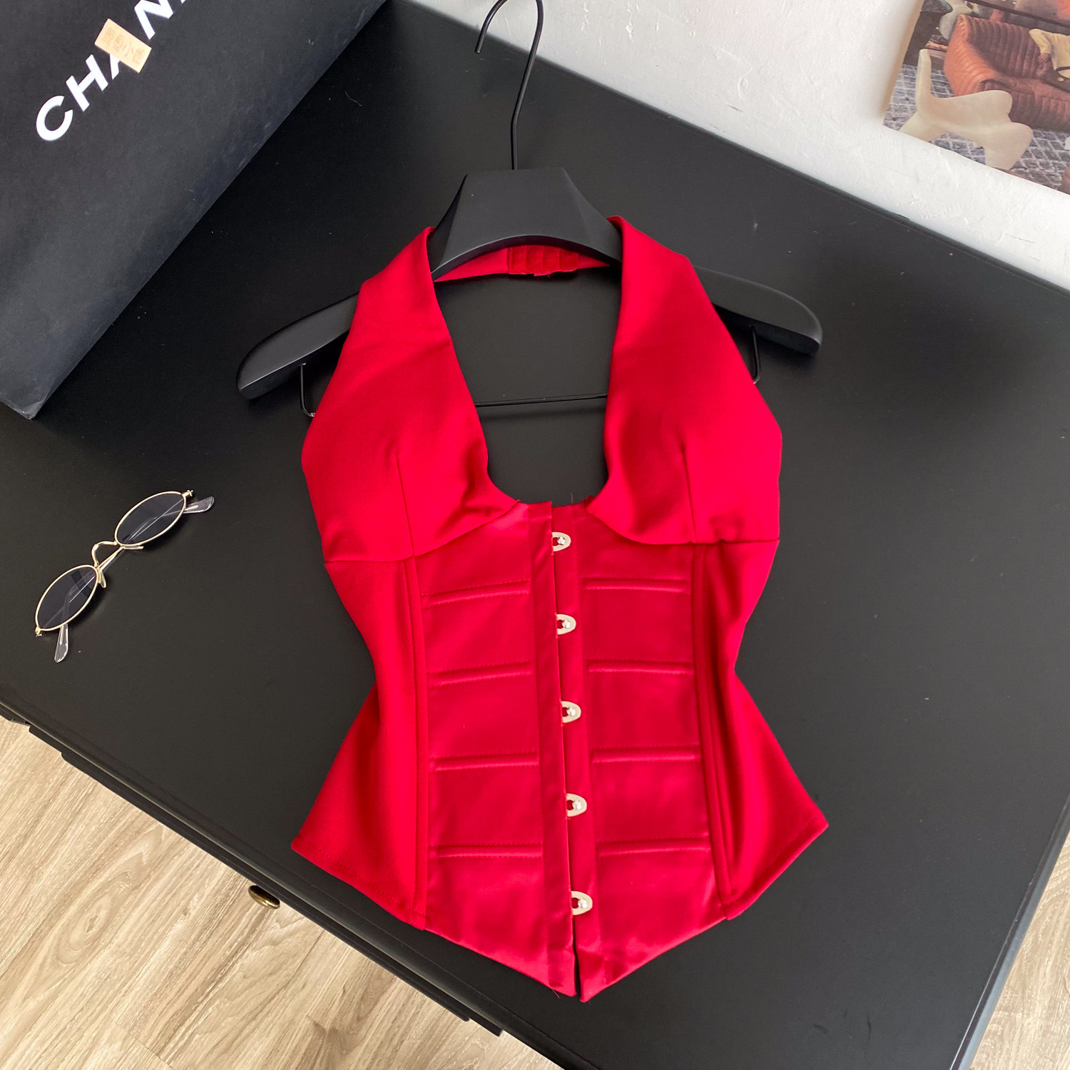 Haut court plissé vintage à col licou, style coréen, corset bustier, tendance estivale pour femmes, Y2k, camisole.
